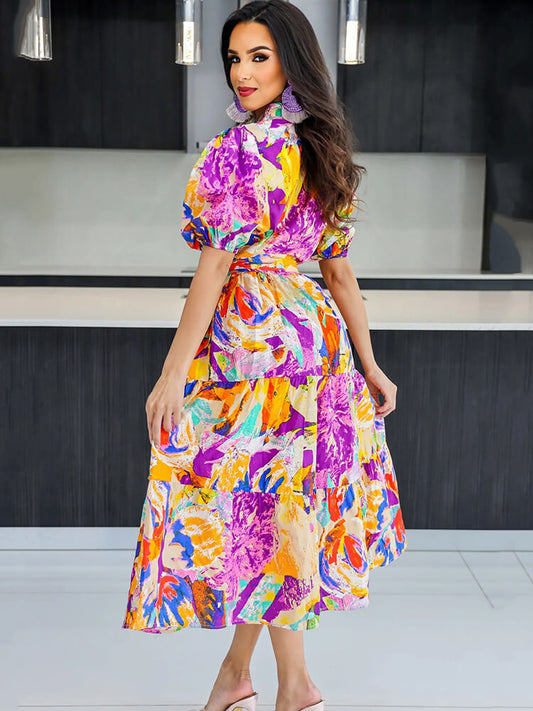 Short Lantern Sleeve Floral Print Midi Dress