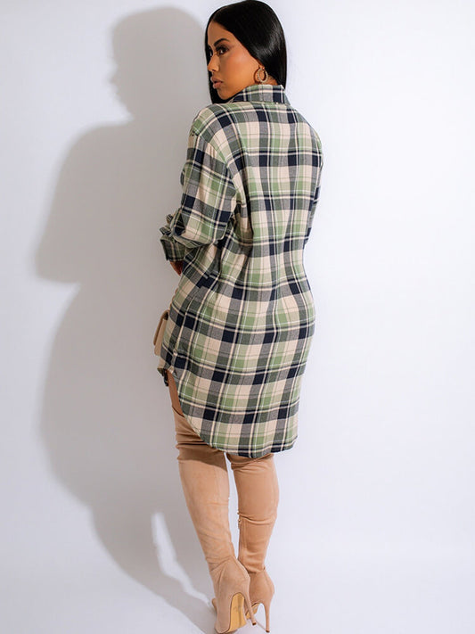 Long Sleeve Plaid Print Mini Dress Blouse