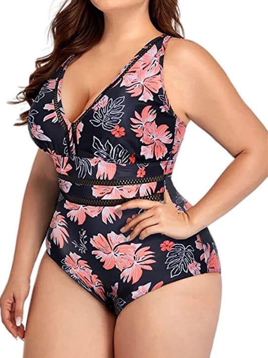 Traje de baño floral ahuecado de una pieza de talla grande