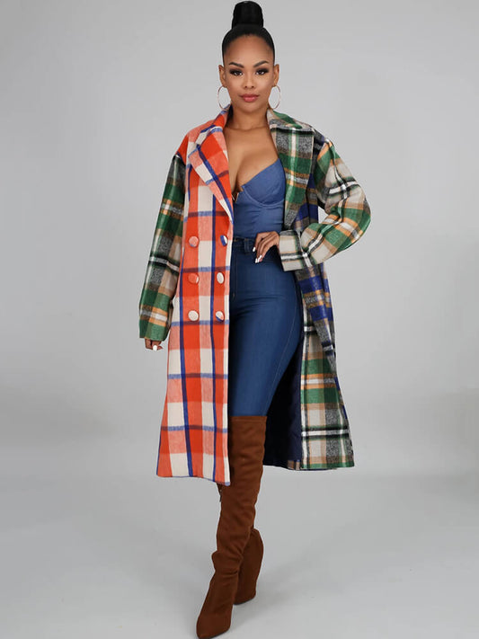 Woolen Long Sleeve Plaid Print Bodycon Coat