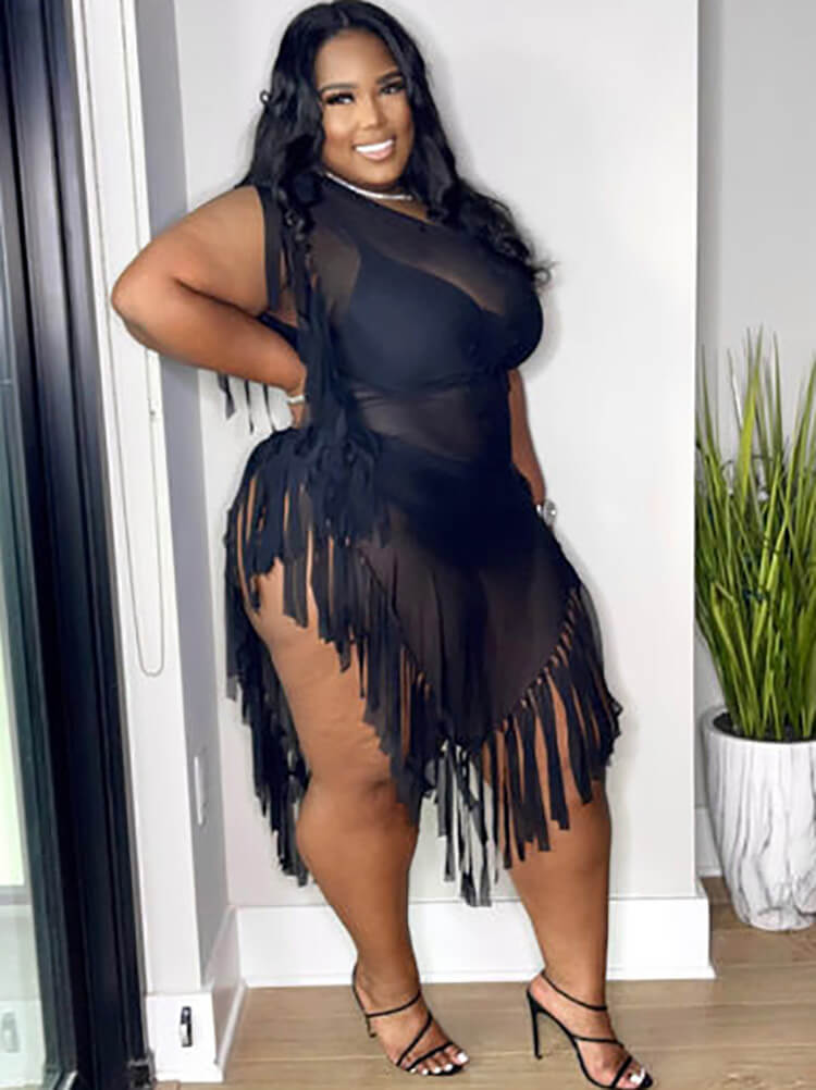 Minivestido irregular con borlas sin mangas de malla