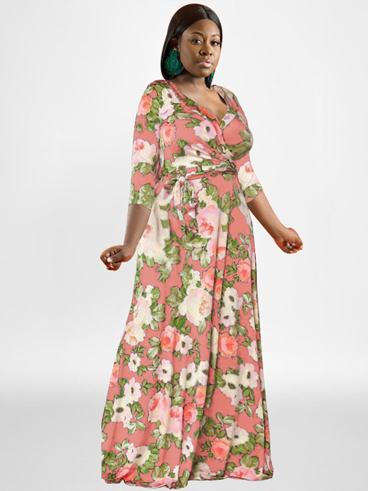 Plus Size Long Sleeves Floral Print Maxi Dress