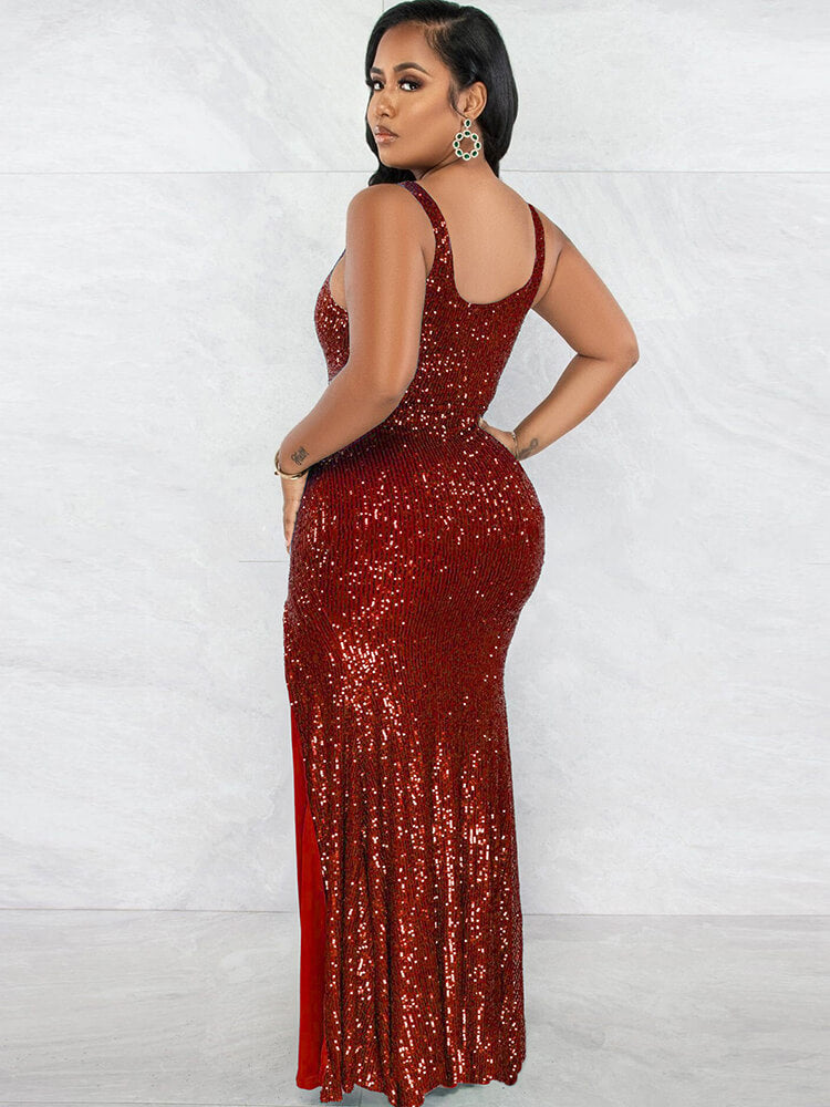 Lentejuelas Sin mangas División Ajustado Maxi Vestidos