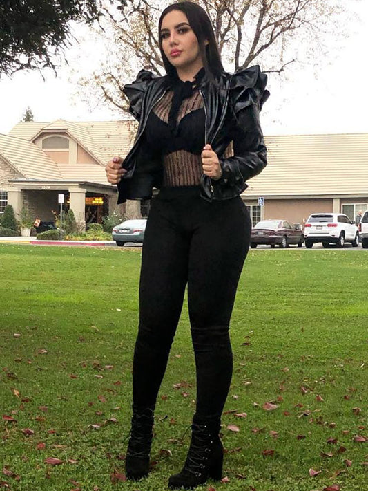 Chaquetas de manga larga con volantes de cuero de PU