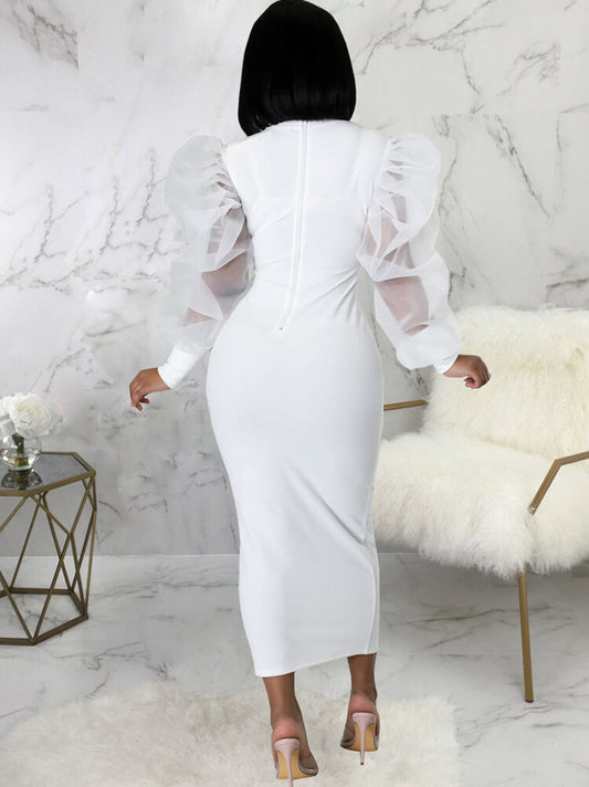 Lantern Sleeve Patchwork Bodycon Midi Dress