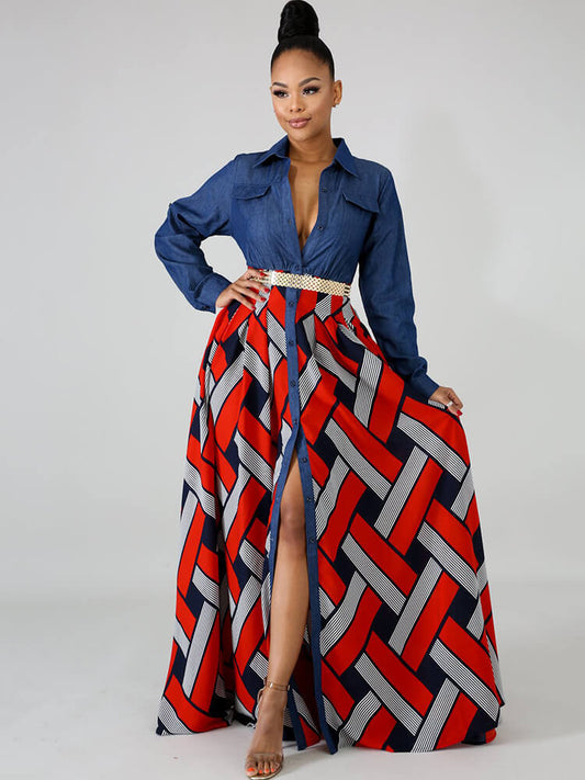 Denim Long Sleeve Plaid Patchwork Maxi Dress