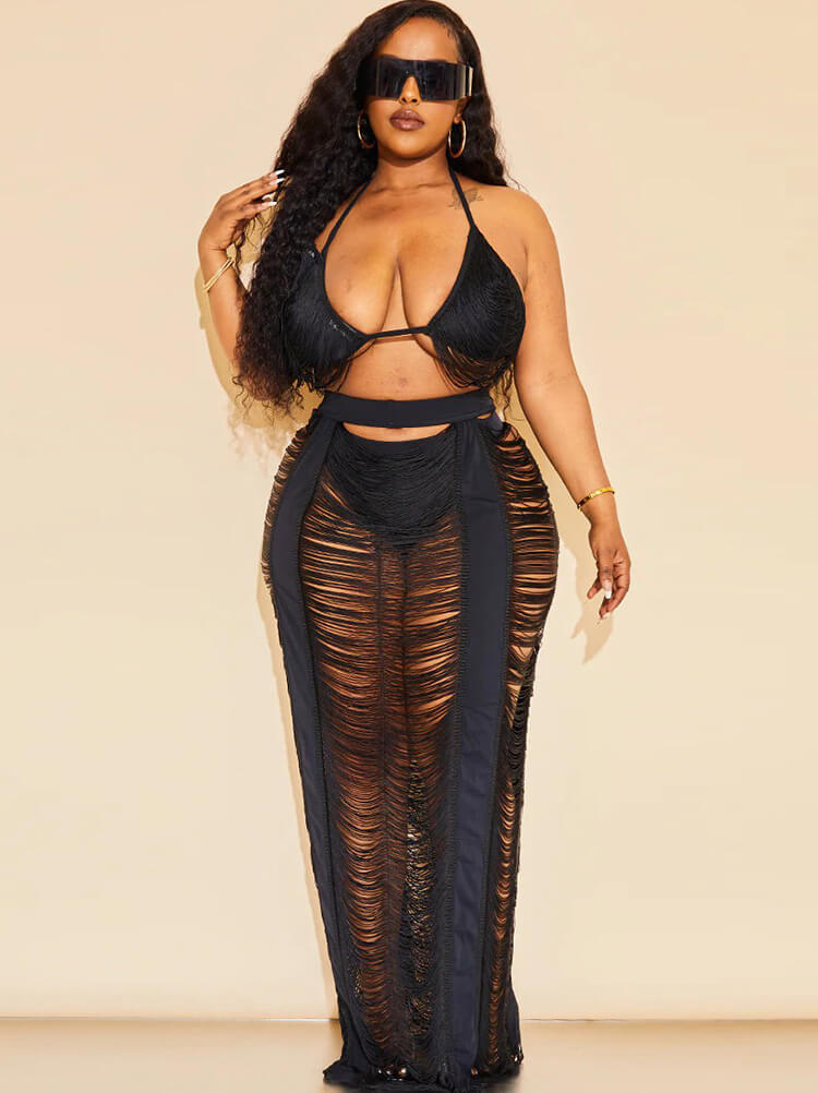 Two Piece Tassel Top Hollow Out Maxi Skrits