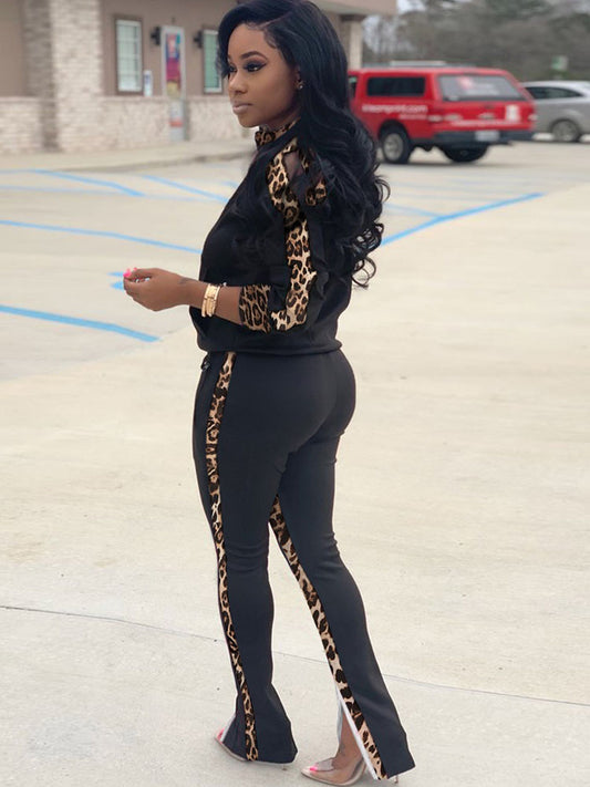 Two Piece Leopard Print Patchwork Pant Suit