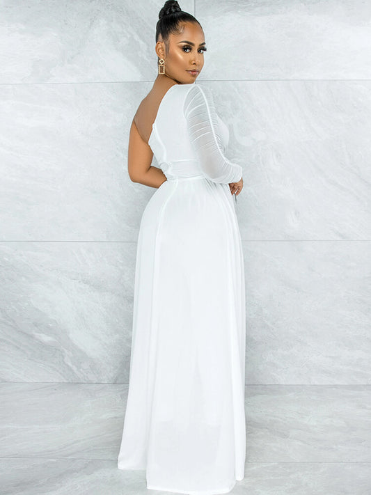 Mesh Patchwork One Shoulder Long Sleeve Jumpsuit