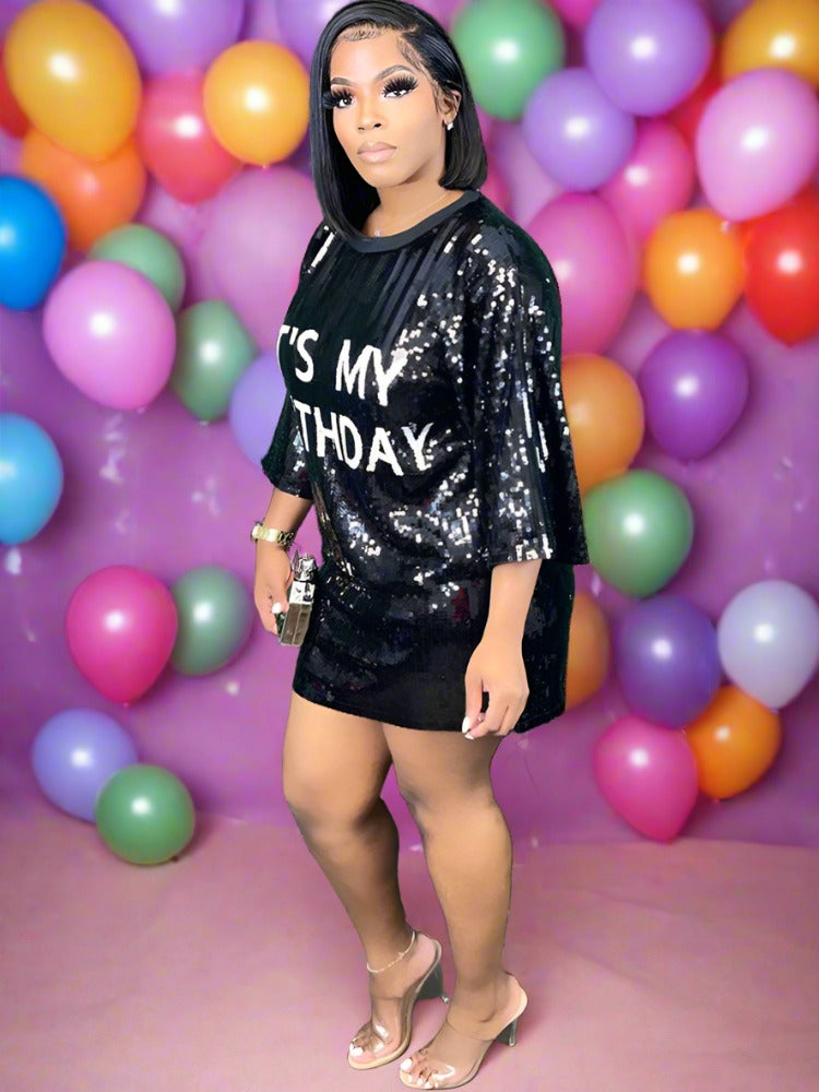 Short Sleeves Sequins Letter Print Mini Dress