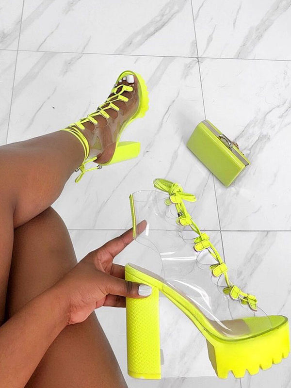 Transparent Lace Up Open-Toe Chunky Heels
