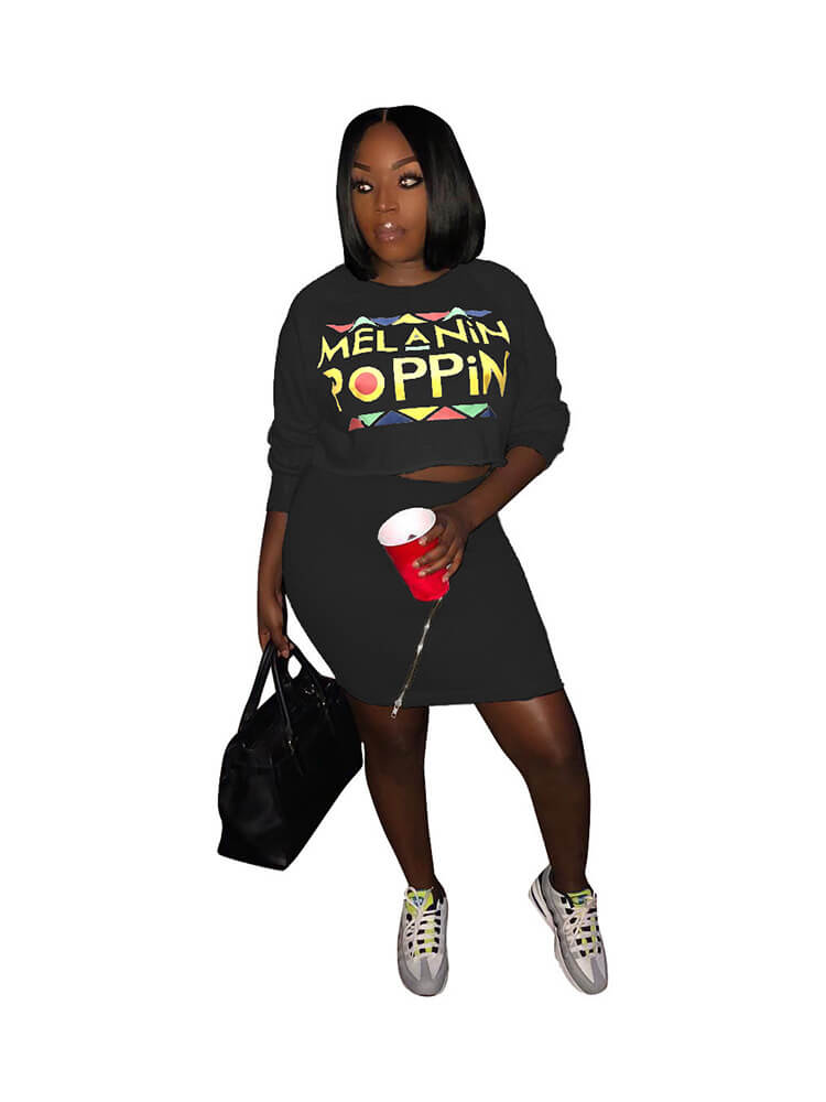 2 Pieces Black Pop Print Sweatshirt Top Mini Skirt Set