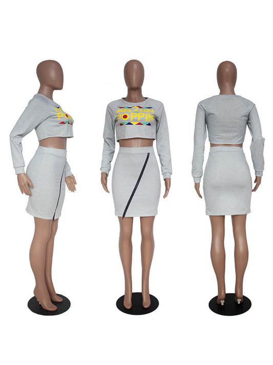 2 Pieces Black Pop Print Sweatshirt Top Mini Skirt Set