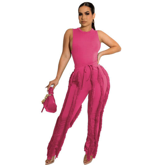 Two Piece Sleeveless Top Tassel Pants