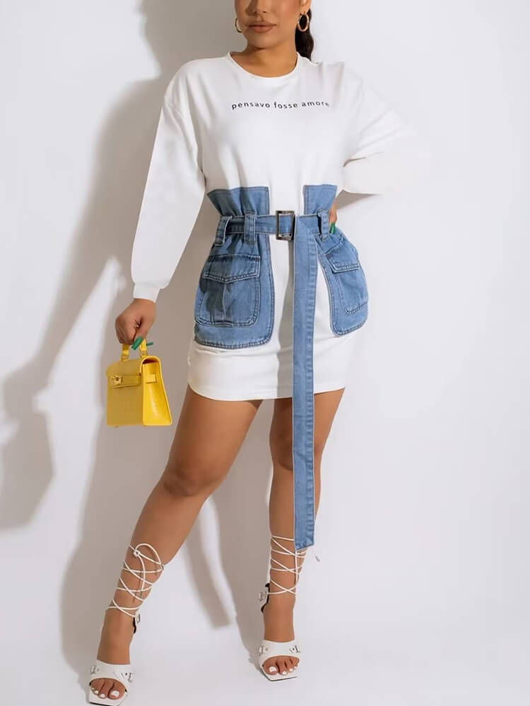 Letter-Embroidered Lace-up Denim Dress