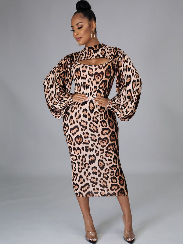 Leopard Mock Neck Long Sleeve Top Spaghetti Strap Dress