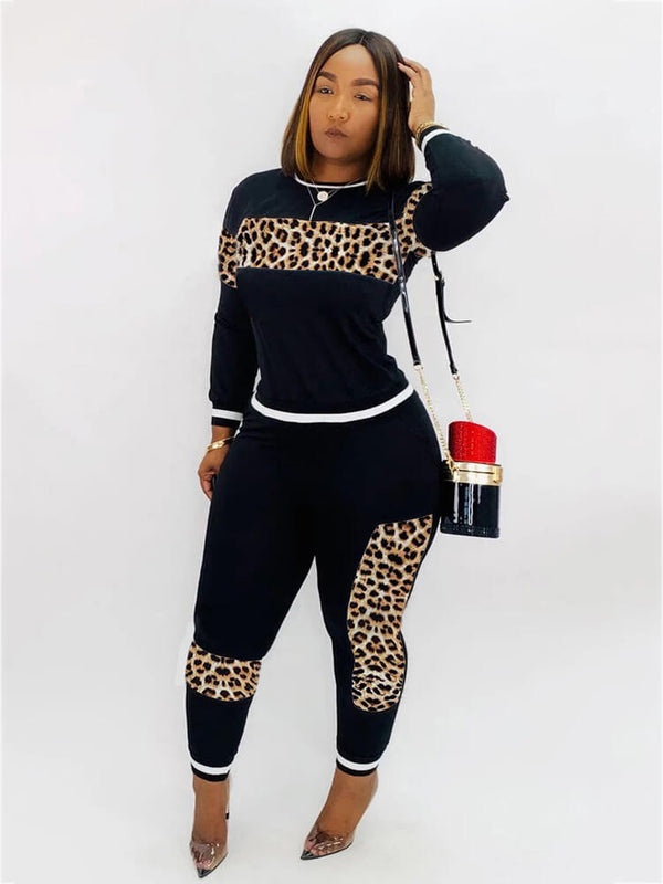 Two Pieces Leopard Camouflage Print Patchwork Sweatsuits