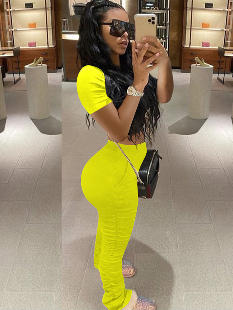 Tops de manga corta de dos piezas de color sólido + pantalones largos