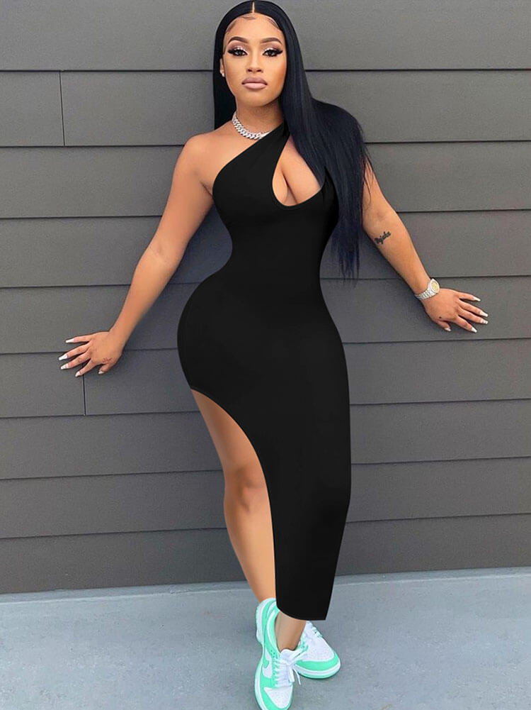 Vestido midi con abertura alta y sin mangas de un hombro