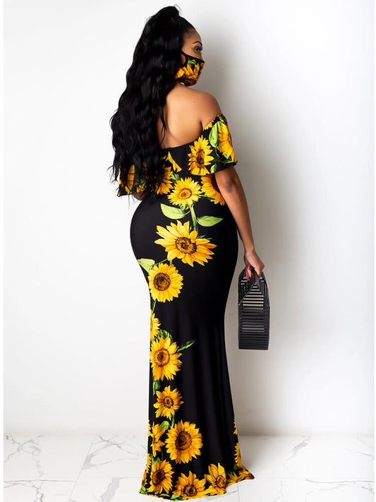 Off Shoulder Gradient Color Ruffle Floral Print Maxi Dress