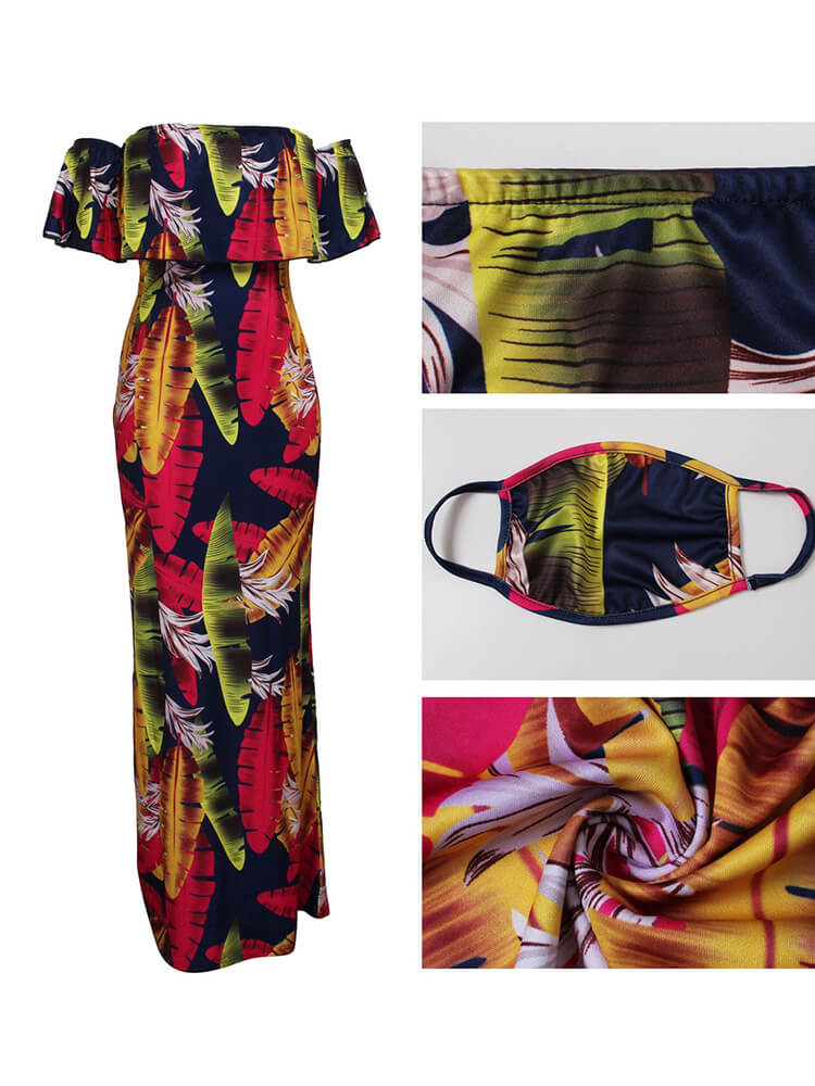 Off Shoulder Gradient Color Ruffle Floral Print Maxi Dress