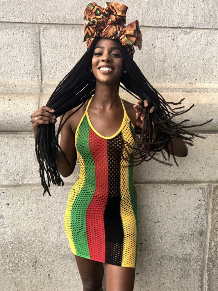 Tirantes con cuello halter Arco iris Ahueca hacia fuera Mini vestidos de rejilla