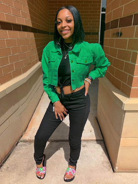 Long Sleeve Button Down Ripped Denim Jacket