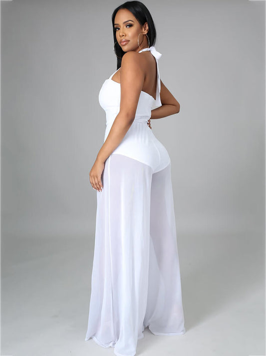Monos de pernera ancha de malla transparente con tirantes y cuello halter