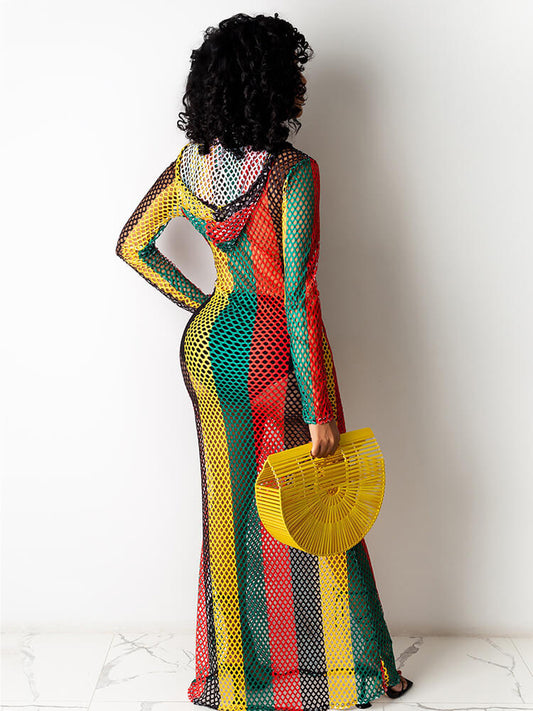 One Piece Multicolor Stripe Fishnet Cover Up Maxi Dress