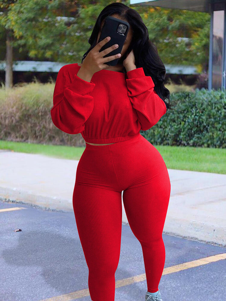 Tops de punto acanalado de dos piezas + pantalones pitillo