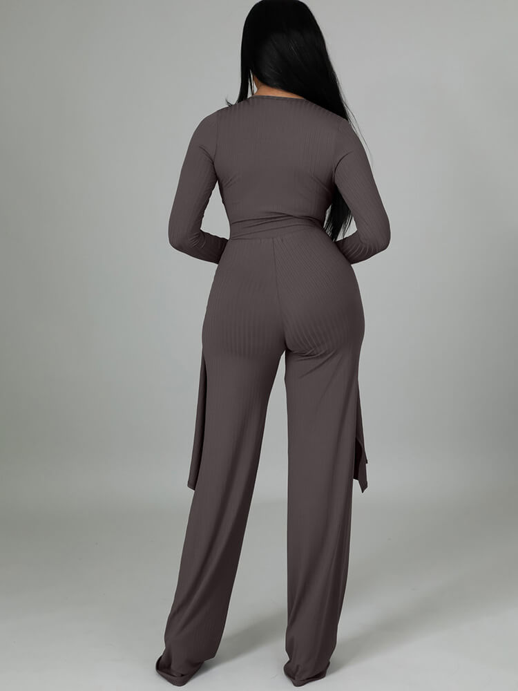 Top con cuello en V y pantalones largos con cordones irregulares de dos piezas