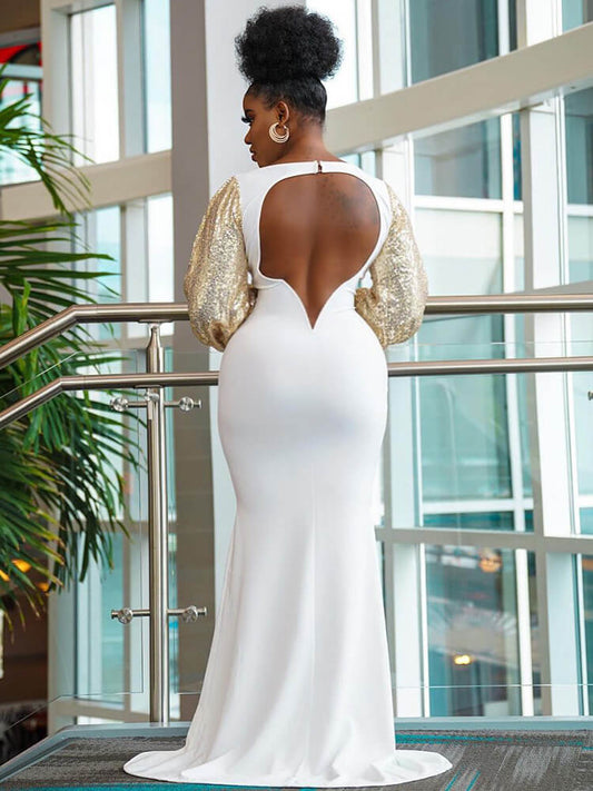 Solid Color Glitter Long Puff Sleeve Fishtail Maxi Dress