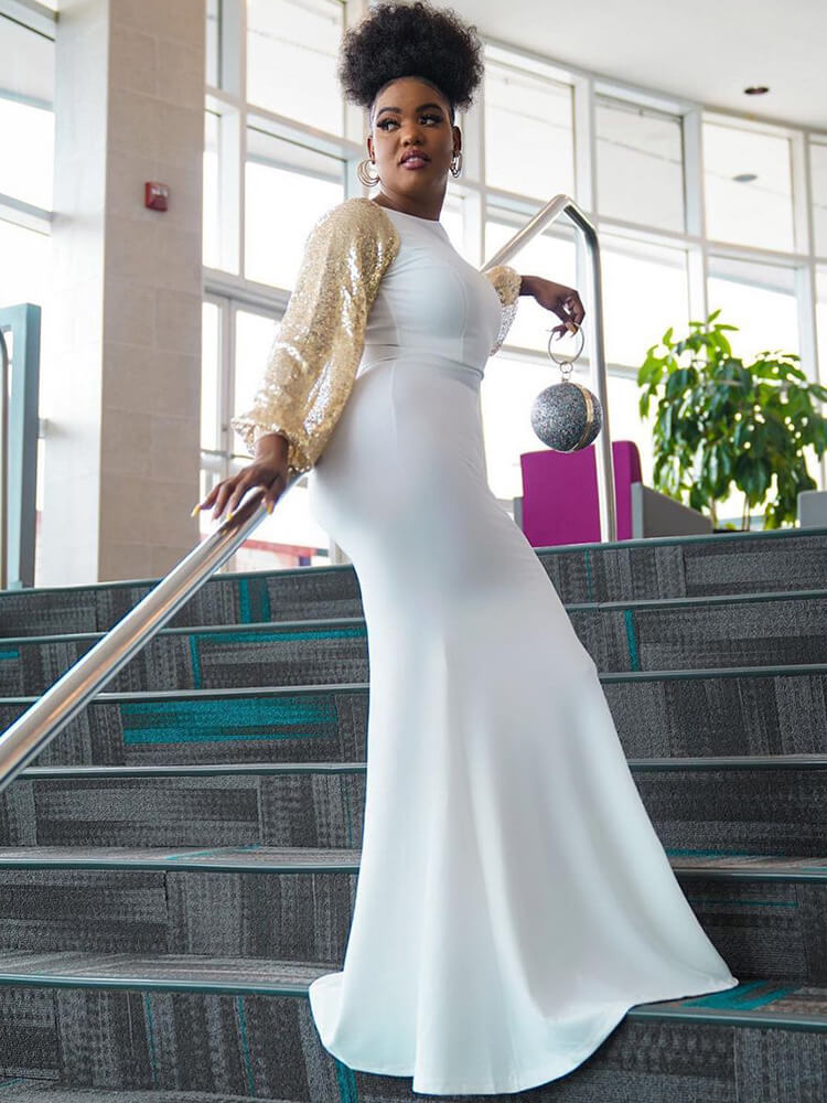 Vestidos largos con cola de pez y manga larga con purpurina de color liso