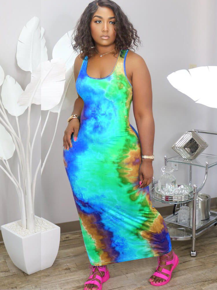 Vestidos largos ajustados con estampado Tie Dye de talla grande