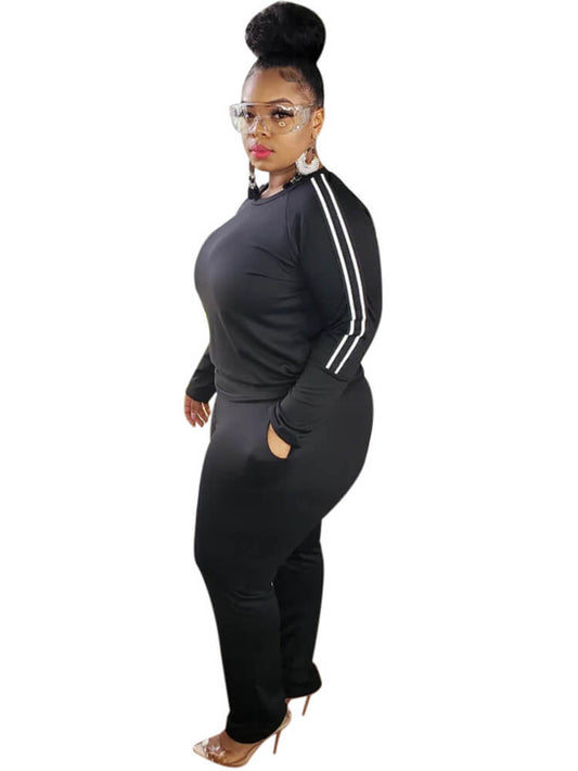 Conjuntos de pantalones y tops de manga larga a rayas de dos piezas de talla grande