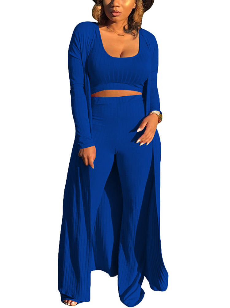 Conjunto de tres piezas Crop Top+Cárdigan largo tipo kimono+Pantalones
