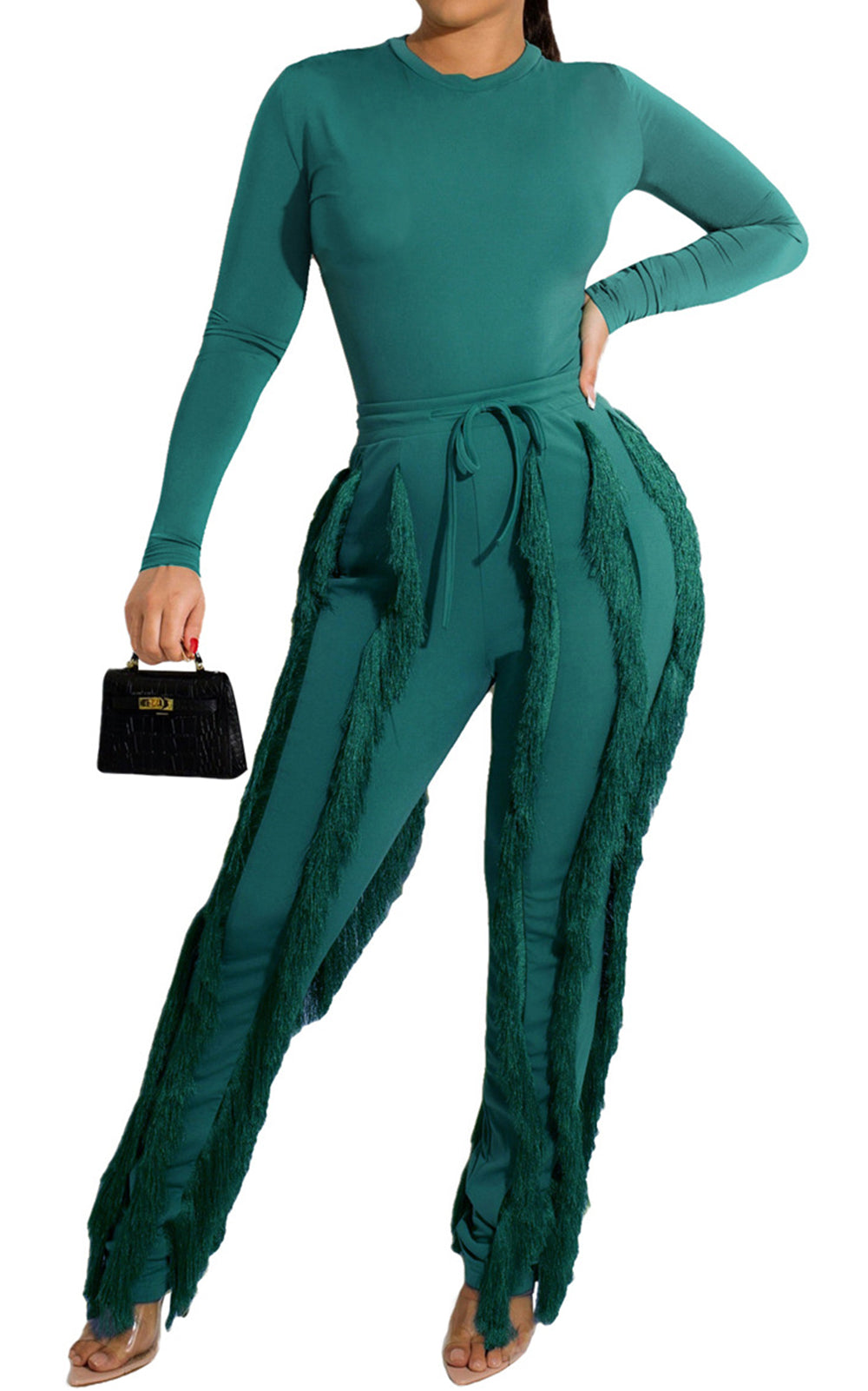 Tops de dos piezas de manga larga y pantalones con borlas