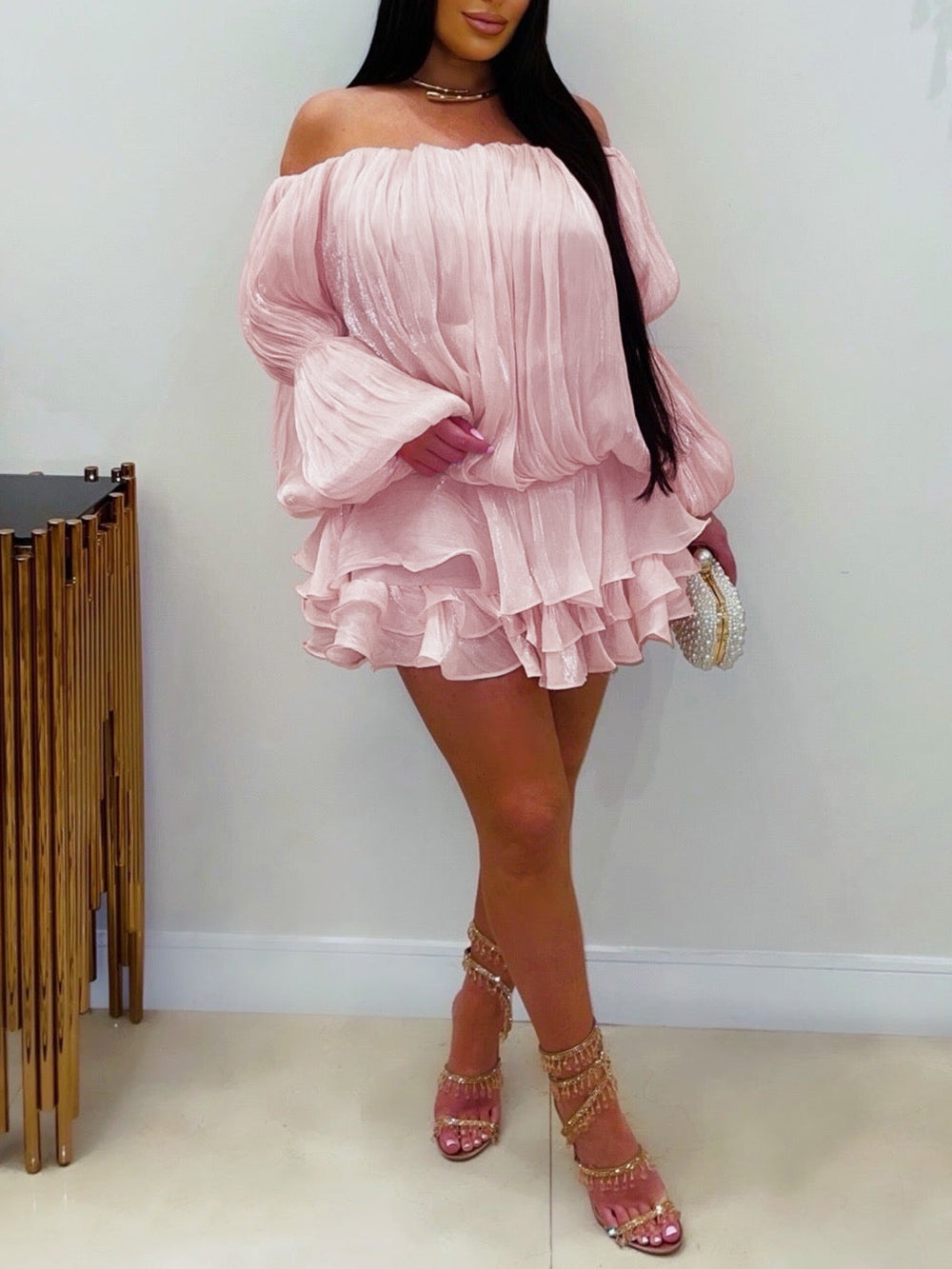 Off Shoulder Puff Sleeve Ruffle Mini Dress