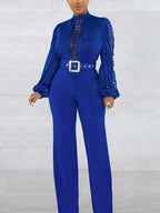 Lace Trim Belted Long Sleeve Jumpsuit
