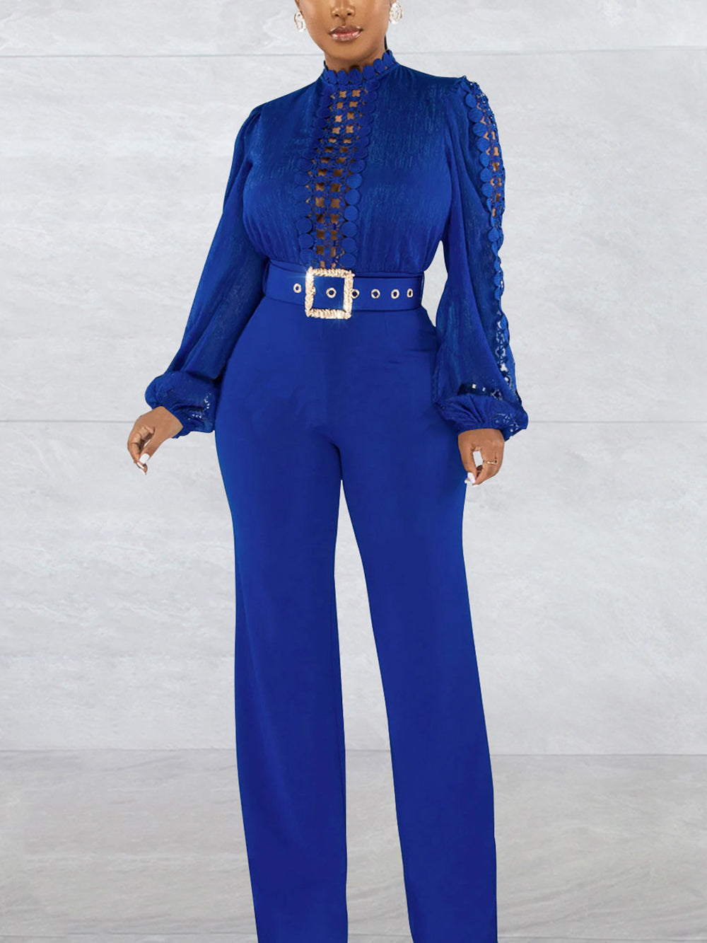 Lace Trim Belted Long Sleeve Jumpsuit