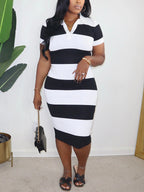 Lapel Stripe Color Block Midi Dress