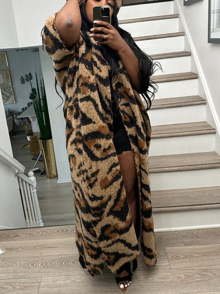 Leopard Knit Long Cardigan With Headscarf