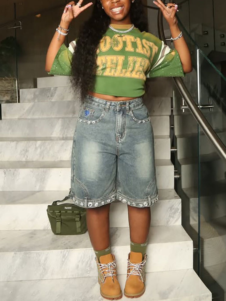 Rhinestone Washed Design Denim Shorts