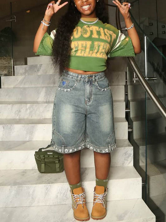 Rhinestone Washed Design Denim Shorts
