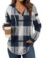 Plaid Drawstring Hooded Pullover Top
