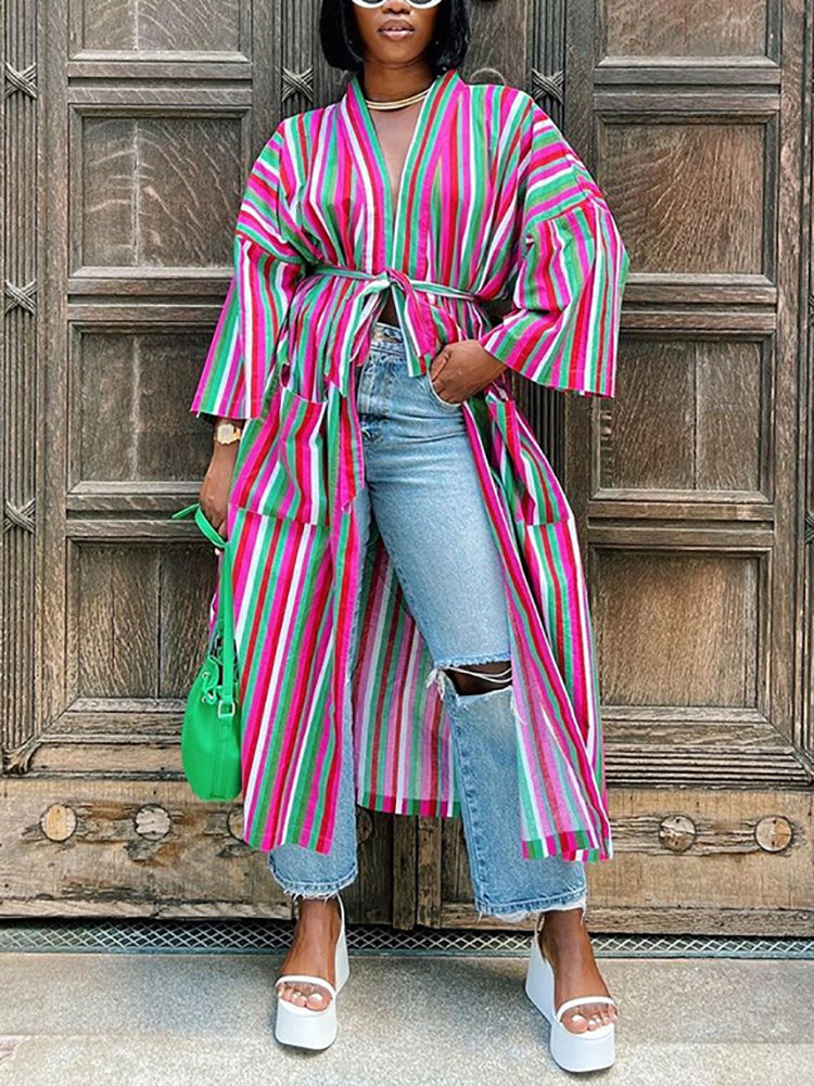 Stripe Belted Pocket Cardigan