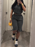 Sleeveless Hoodie Elastic Waist Shorts Set