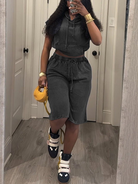 Sleeveless Hoodie Elastic Waist Shorts Set