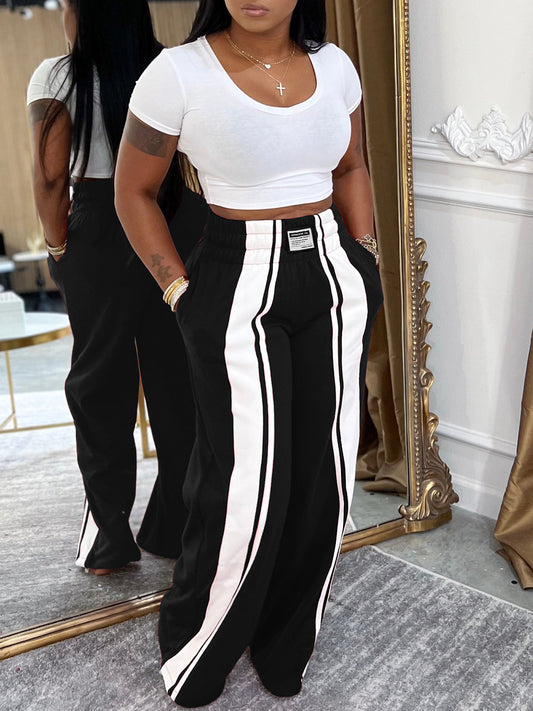 Wide Stripe Elastic Waist Wide Leg Pants