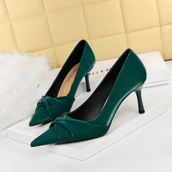 Bow-Pointed Toe Leather High Heel Pumps